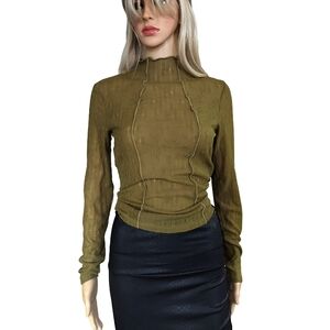 Astr Olive Long Sleeve Mock Neck Sheer Blouse Size XS NWT